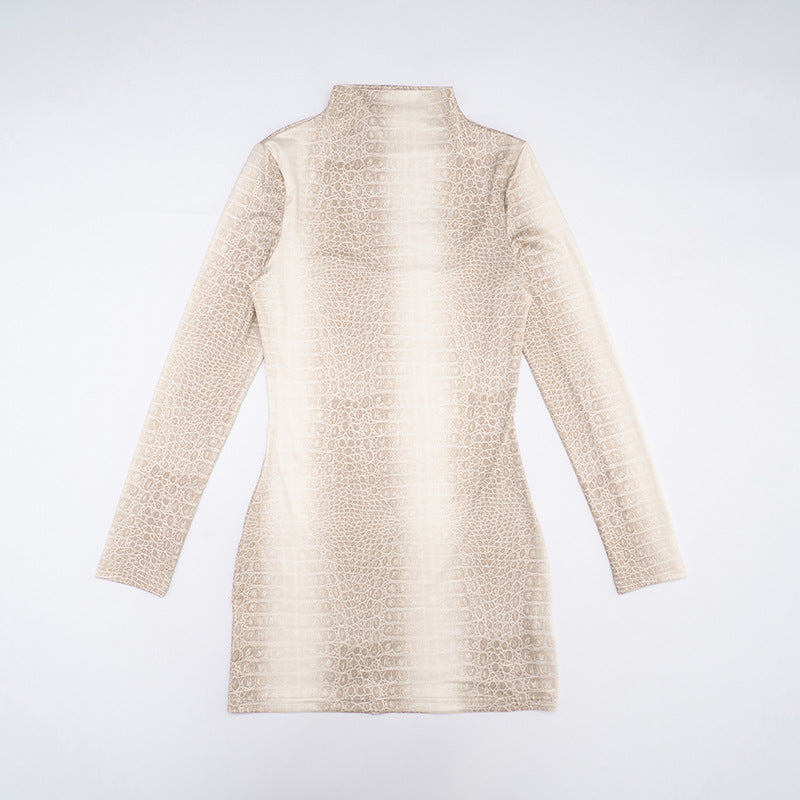 MB10128 Women's Snake Print Mock Neck Long Sleeve Mini Dress
