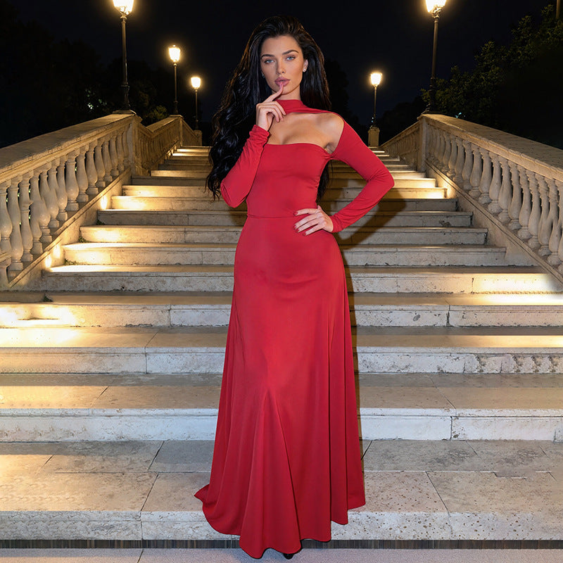 MB1445  Solid Color Long Sleeve High Neck Cutout Maxi Dress