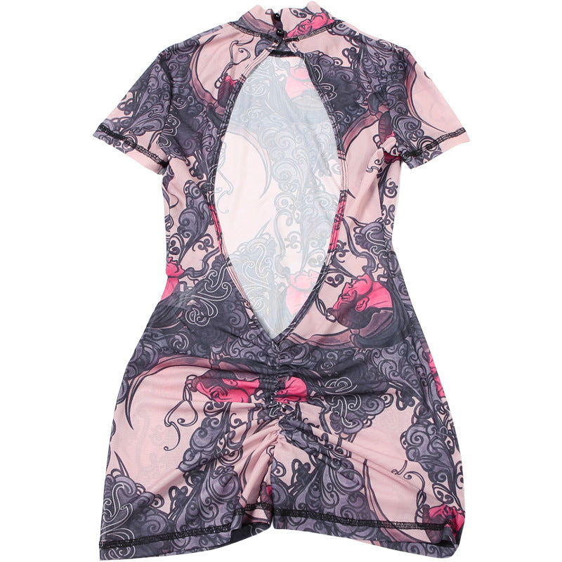 MB1112 Graphic Print Sheer Tight Backless Romper