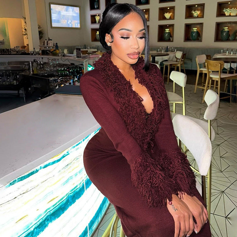 MB1806 Women's Burgundy Deep V Fringe Trim Ribbed Knit Midi Dress