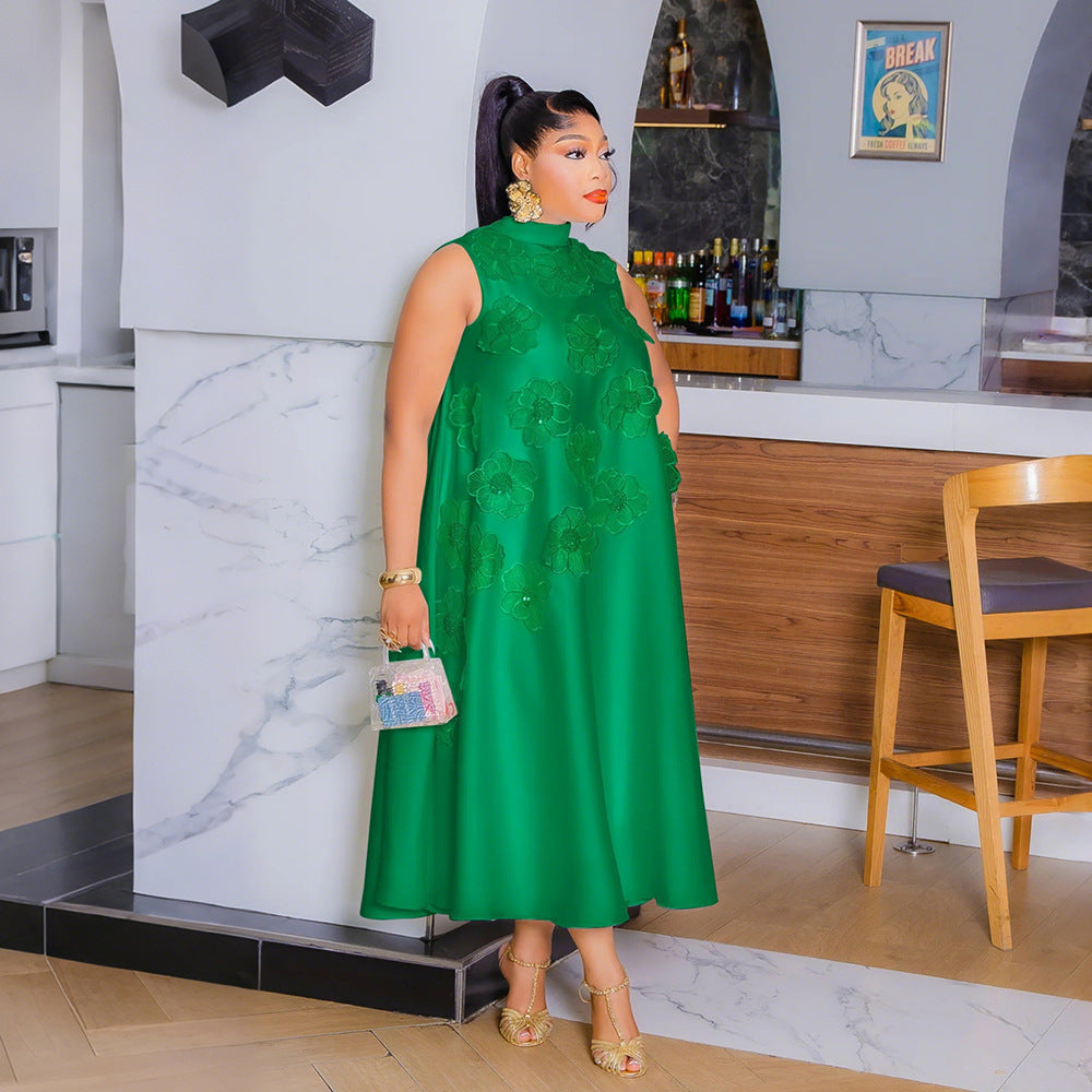 MB1215 Satin Sleeveless Midi Dress with 3D Floral Embellishments