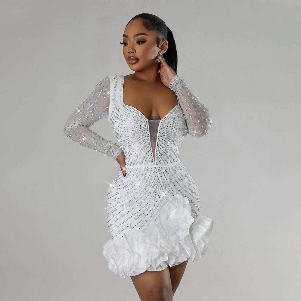 MB1210 Women's Luxury Rhinestone Beaded Mini Dress