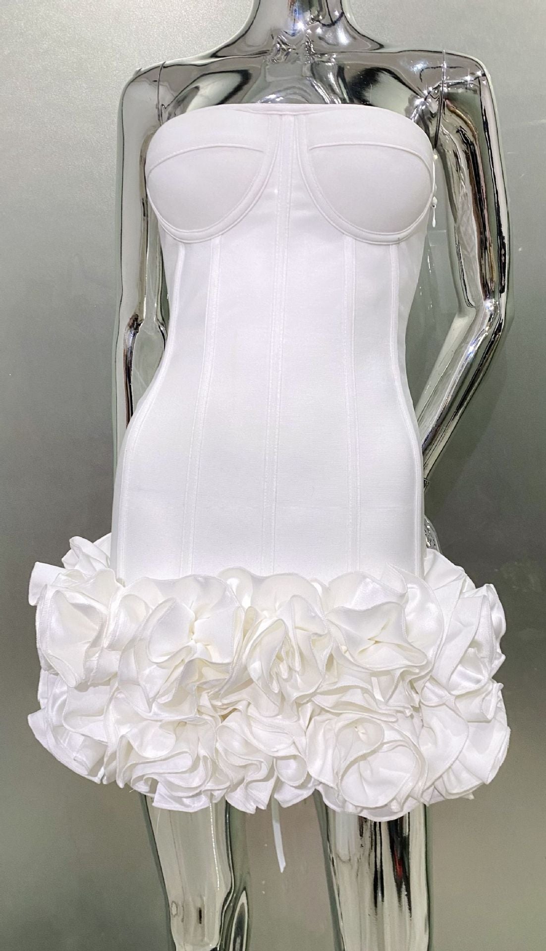 MB2104 Bandage Mini Dress, 3D Floral Ruffle Hem, Music Festival Gown