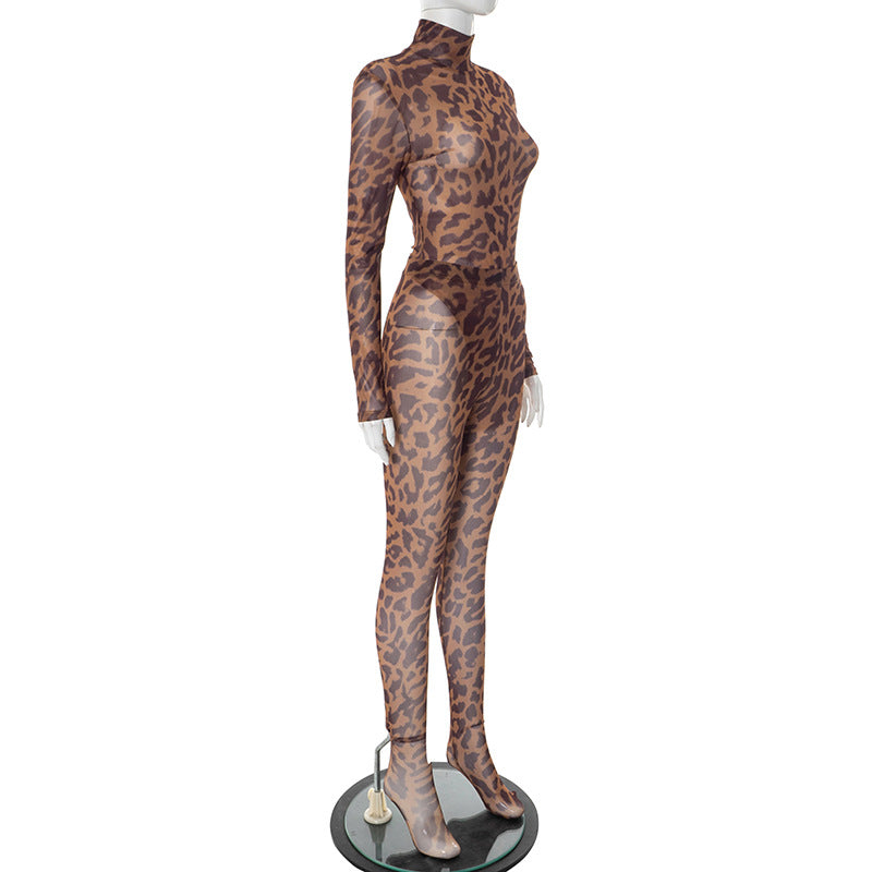 MB1060 Leopard Mesh Jumpsuit & Leggings Two-Piece Set for Women