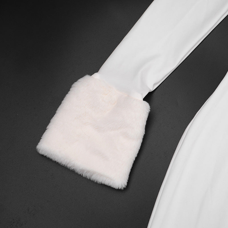 MB1419 White Faux Fur Trim Bodycon Maxi Dress for Women