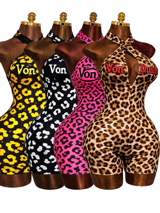 MB1729 Leopard Print Halter Neck Romper – Sexy Cutout Backless Bodycon Short Jumpsuit