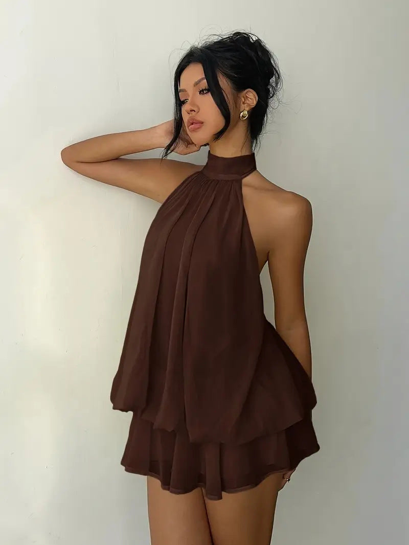 MB2001  Halter Backless Mini Dress - Flowy Ruffle Chiffon Party Dress for Women 