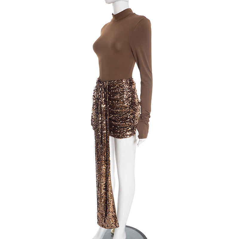 MB1450 Mock Neck Top & Sequin Drape Skirt 2 Piece Set