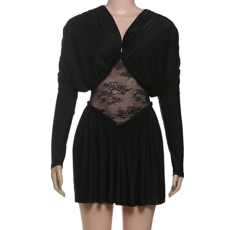 MB1126 Black Lace Long Sleeve Mini Dress