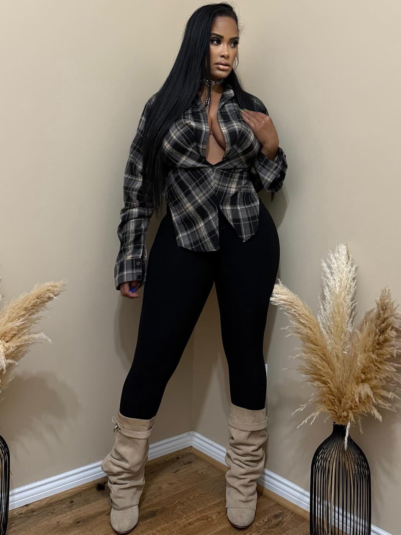 MB1718 Women’s Plaid Deep V-Neck Long Sleeve Shirt