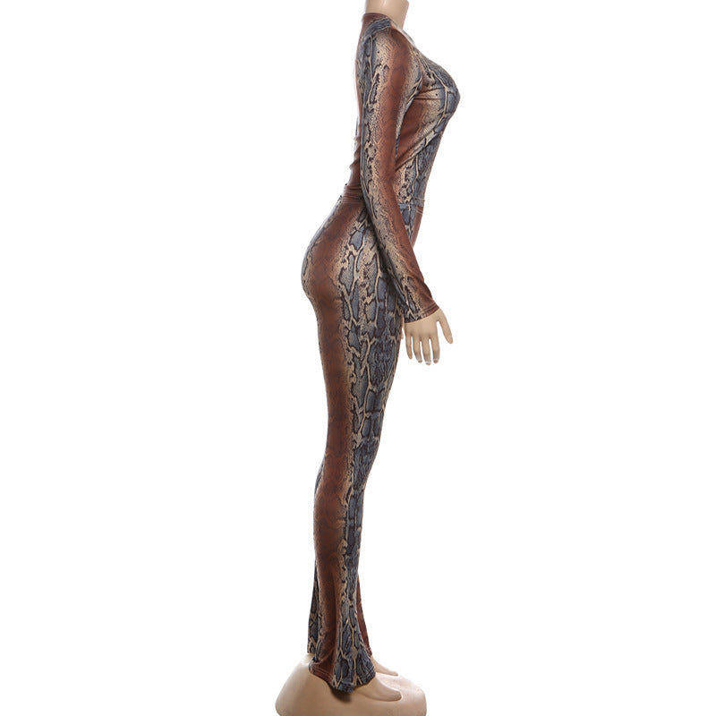MB1144 Women's Snake Print Two Piece Set – Form-Fitting Top & Flared Pants