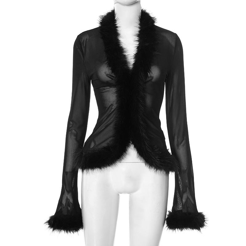 MB10134 Women's Black Sheer Mesh Faux Fur Trim Cardigan Top