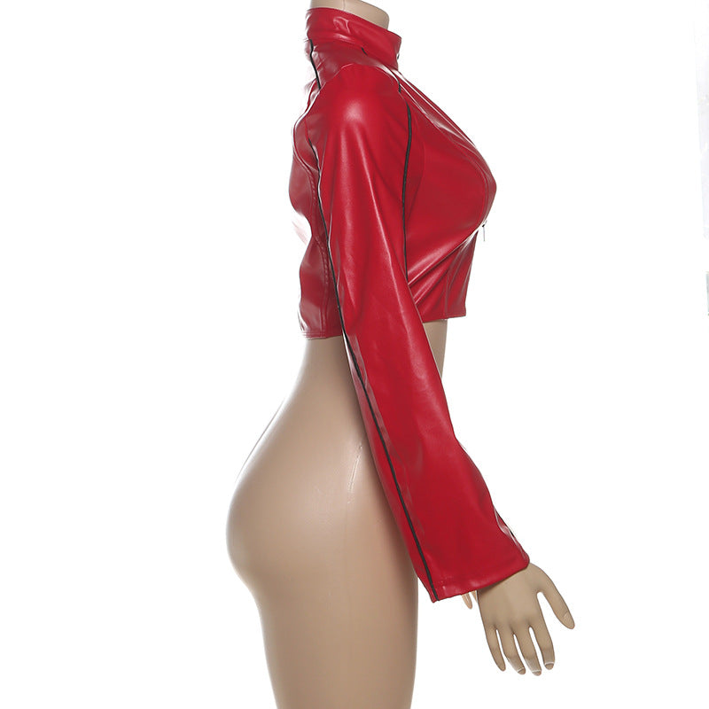 MB1529 Women's Faux Leather Zip Up Crop Jacket