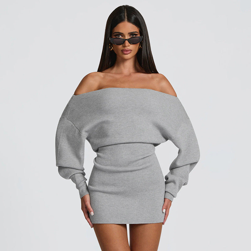 MB1441 Off Shoulder Knit Mini Dress with Tie Waist and Balloon Sleeves