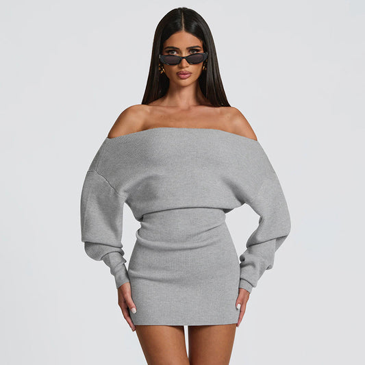 MB1441 Off Shoulder Knit Mini Dress with Tie Waist and Balloon Sleeves