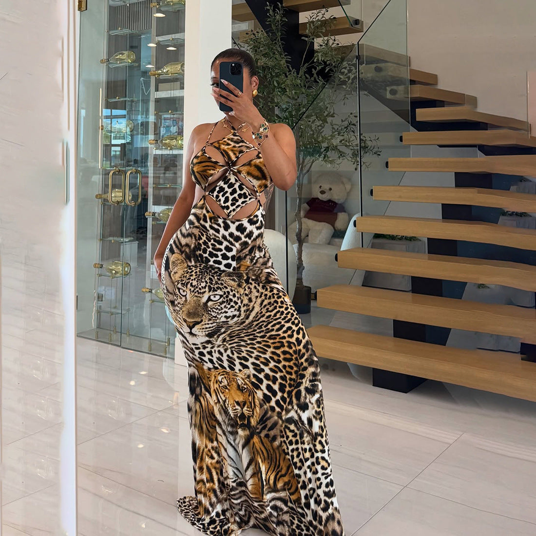 MB1817 Women's Tiger & Leopard Animal Print Side Slit Maxi Dress