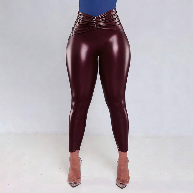 MB1089 Women's Faux Leather Ruched High Waist Pants