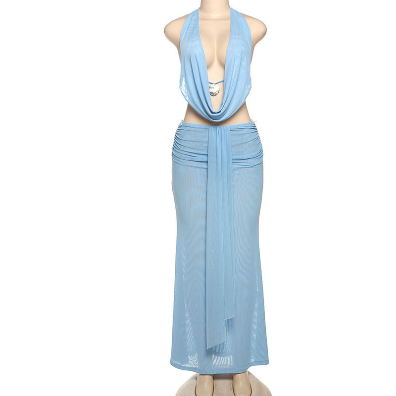 MB1505 Light Blue Sheer Mesh 2-Piece Set: Halter Drape Top and Maxi Skirt