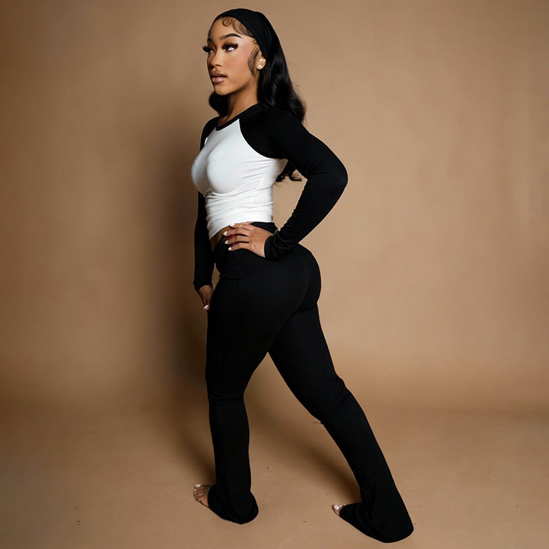 MB1820 Color Block Top & Flare Pants 2 Piece Set with Headband