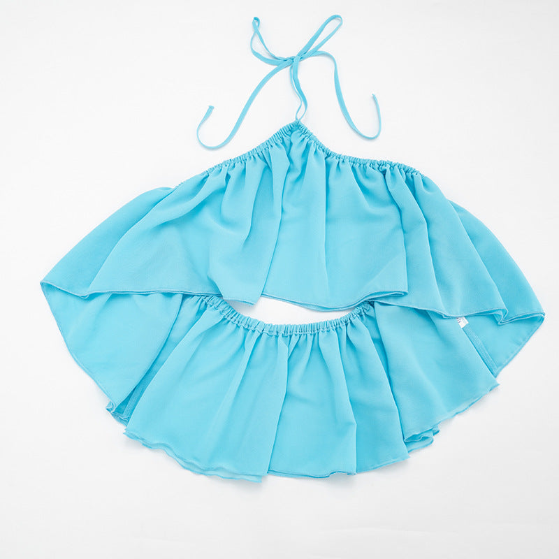 MB10162 Ruffle Halter Two-Piece Set – Backless Crop Top & Ruffle Shorts