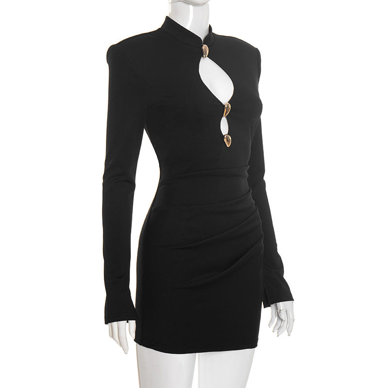 MB1421 Black Mock Neck Cutout Mini Dress for Women