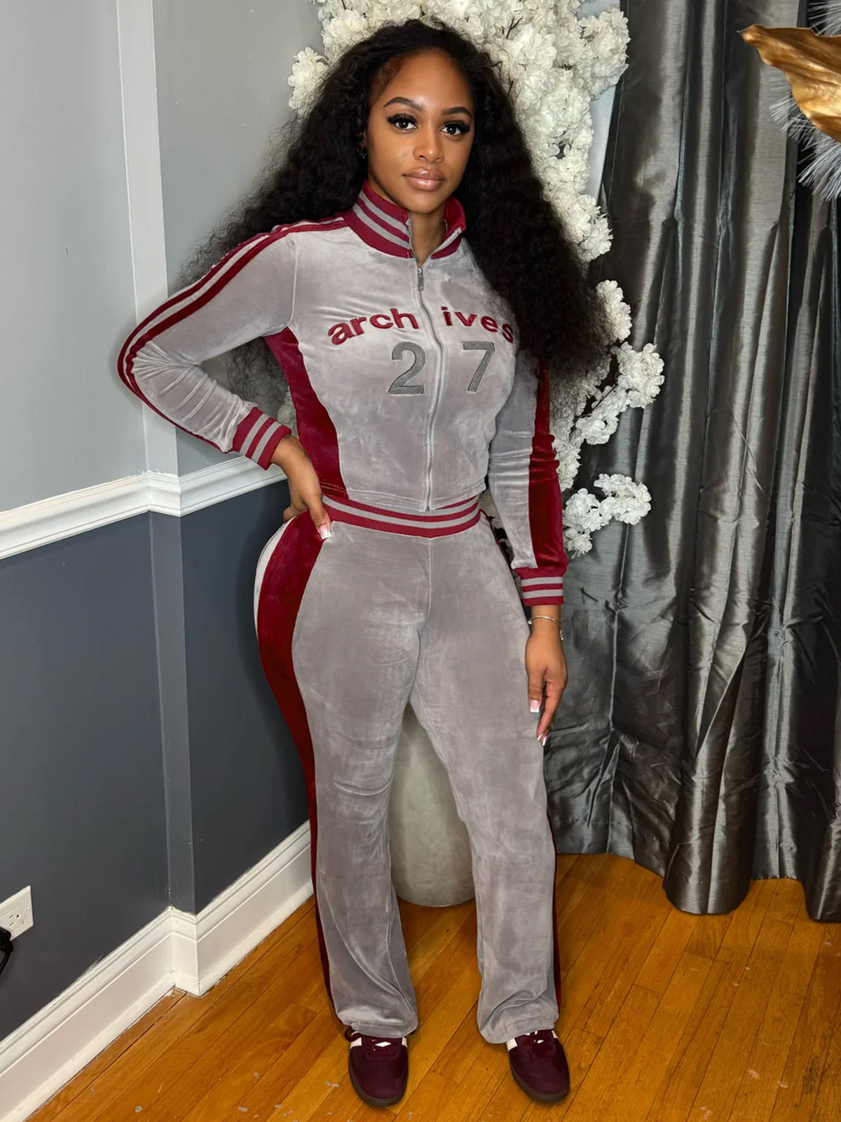 MB1735 Velour Cropped Jacket & Side‑Stripe Flare Pants 2‑Piece Set
