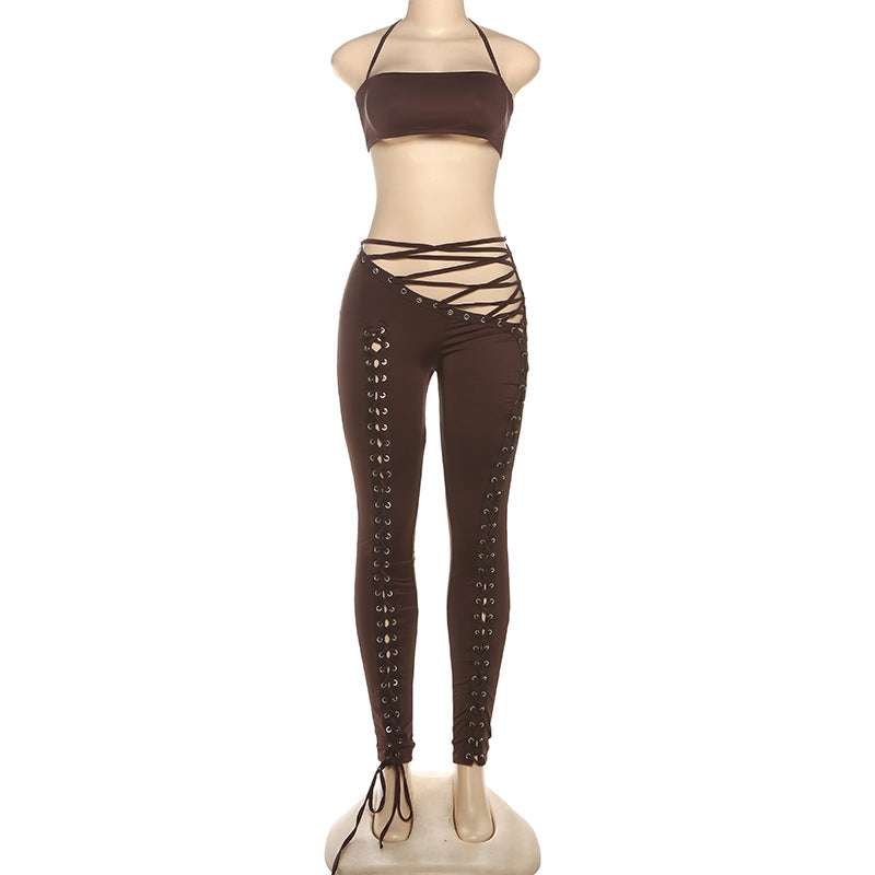 MB1807 Women's Nude Halter Bandeau Crop Top & Waist-Leg Lace-Up High-Waist Leggings Two-Piece Outfit