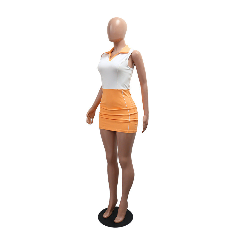 MB1226 Sleeveless Polo Collar Color Block Bodycon Mini Dress