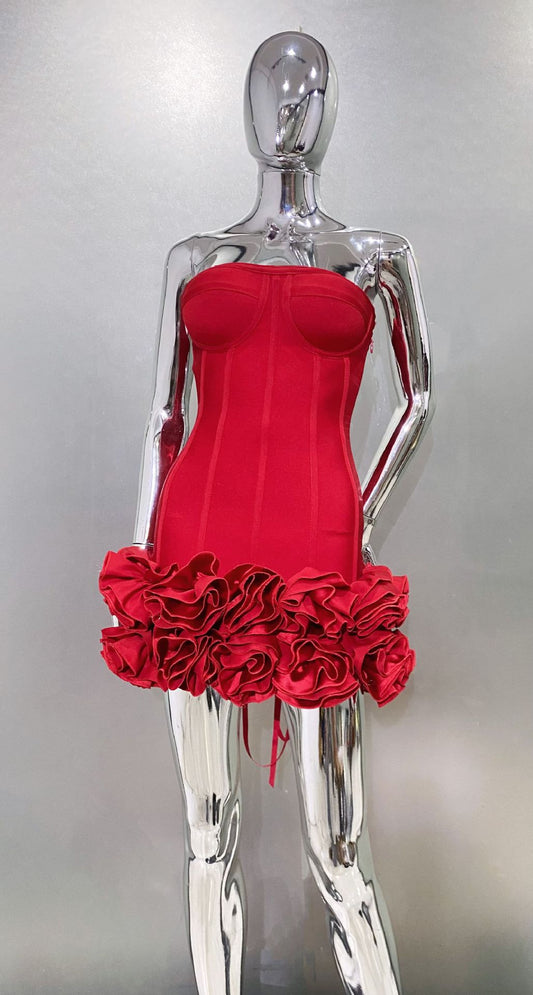 MB2104 Bandage Mini Dress, 3D Floral Ruffle Hem, Music Festival Gown