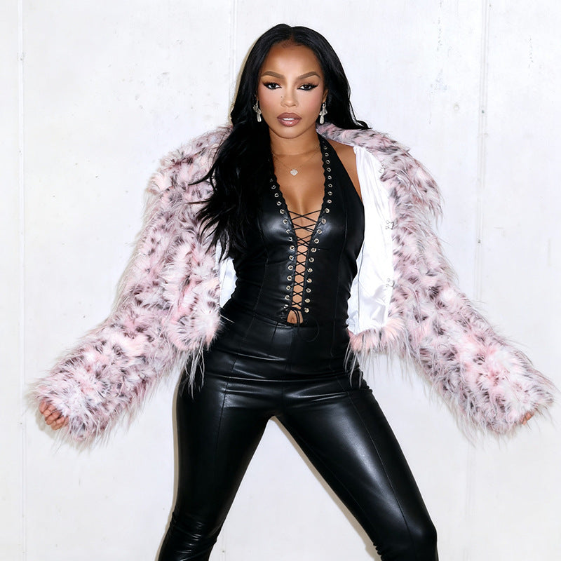 MB10141 Women’s Pink Leopard Print Long Fur Cropped Jacket