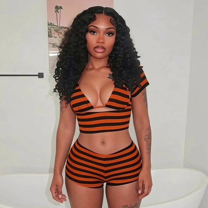 MB10164 Striped 3 Piece Outfit Women | Halter Tie Bralette + Short Sleeve Crop Top + Ruched Drawstring Shorts Matching Set