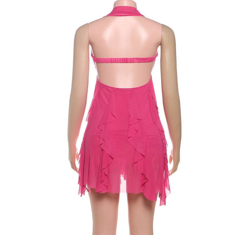 MB1113 Sexy Halter Backless Mini Dress with Ruffled Hem