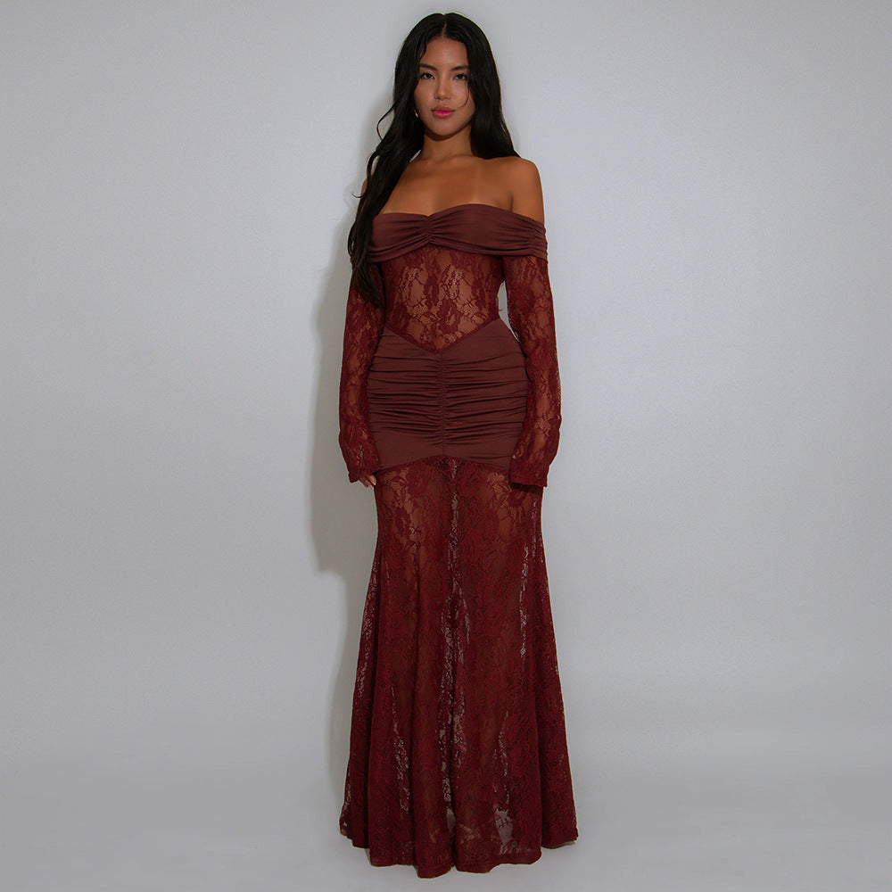 MB1216 Burgundy Lace Ruched Bodycon Maxi Dress