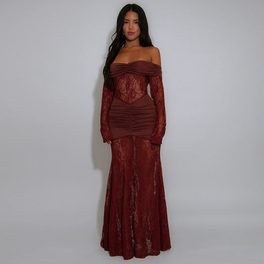 MB1216 Burgundy Lace Ruched Bodycon Maxi Dress