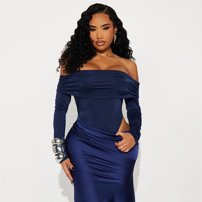 MB1416 Off-the-Shoulder Long Sleeve Satin Side Slit Maxi Dress