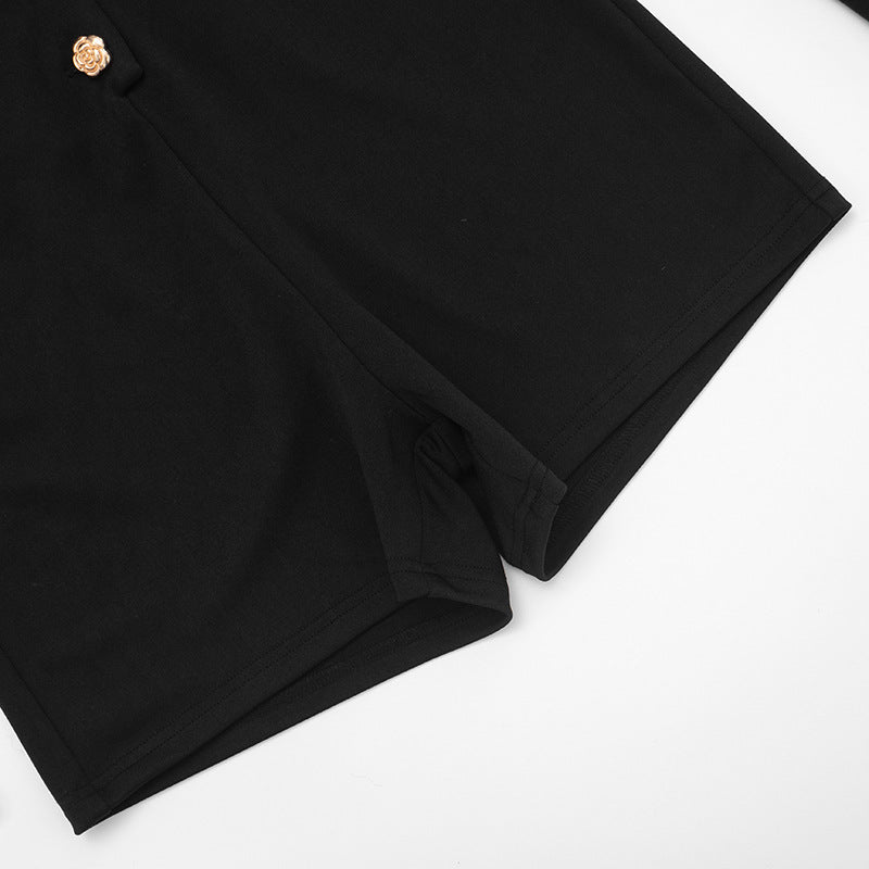 MB10132 Women's Black & White Contrast Collar Button Front Bodycon Romper