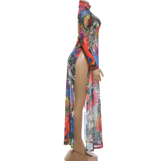 MB1838 Sexy High Neck Long Sleeve Sheer Maxi Dress with Tropical Floral & Koi Fish Print