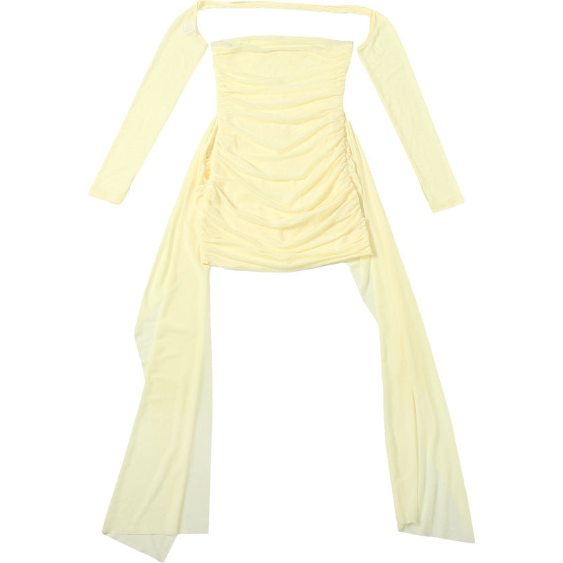 MB1808 Women's Ruched Tulle Sleeve Mini Dress