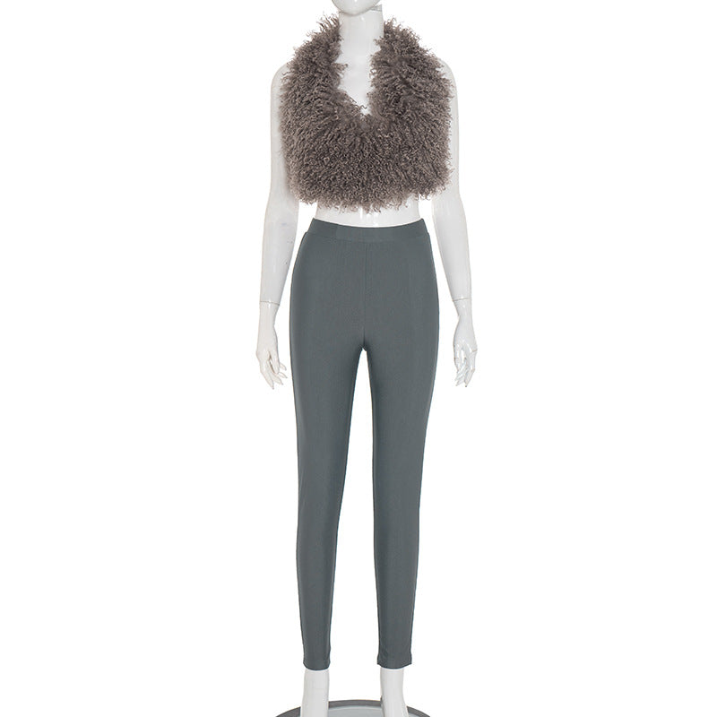 MB1017 Fuzzy Cropped Top and High Waisted Leggings Set