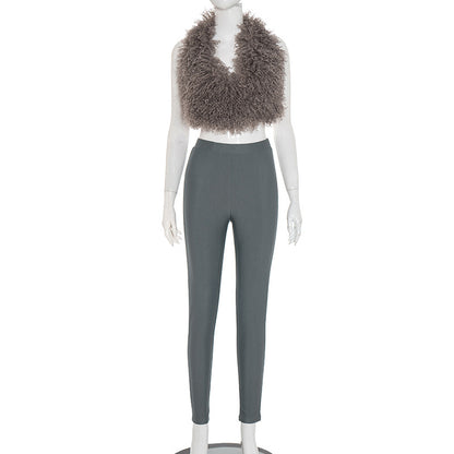 MB1017 Fuzzy Cropped Top and High Waisted Leggings Set