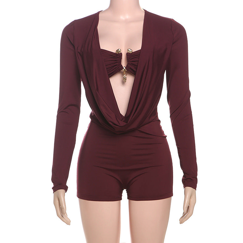 MB1501 Deep V Ruched Long Sleeve Romper