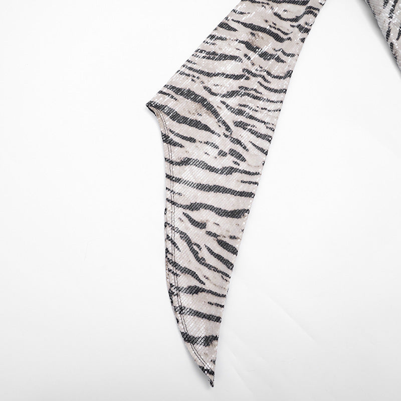 MB1427 Snake Print Sequin Mini Dress with Flared Bell Sleeves