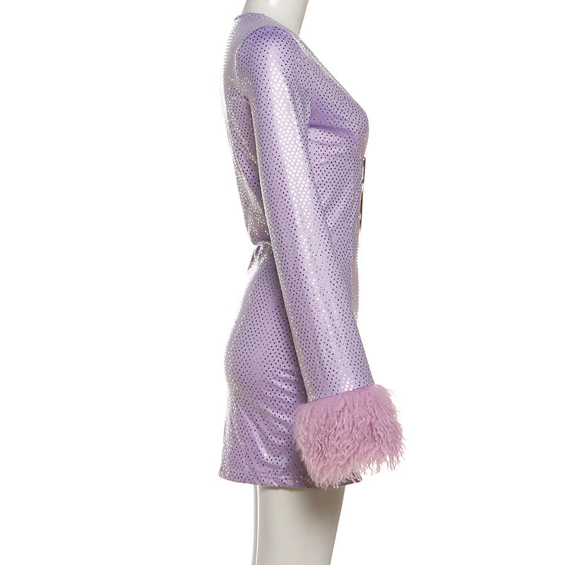 MB1143 Sequin Deep V Mini Dress with Feather Cuffs