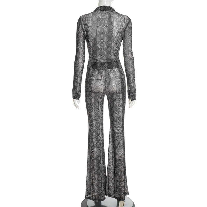 MB10109 Snake Print Mesh 2-Piece Set - Long Sleeve Top & Flared Pants