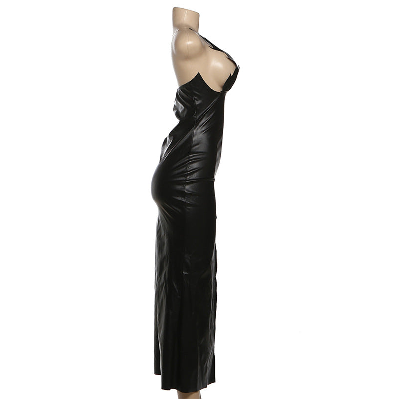 MB1511 Black Faux Leather Bodycon Midi Dress