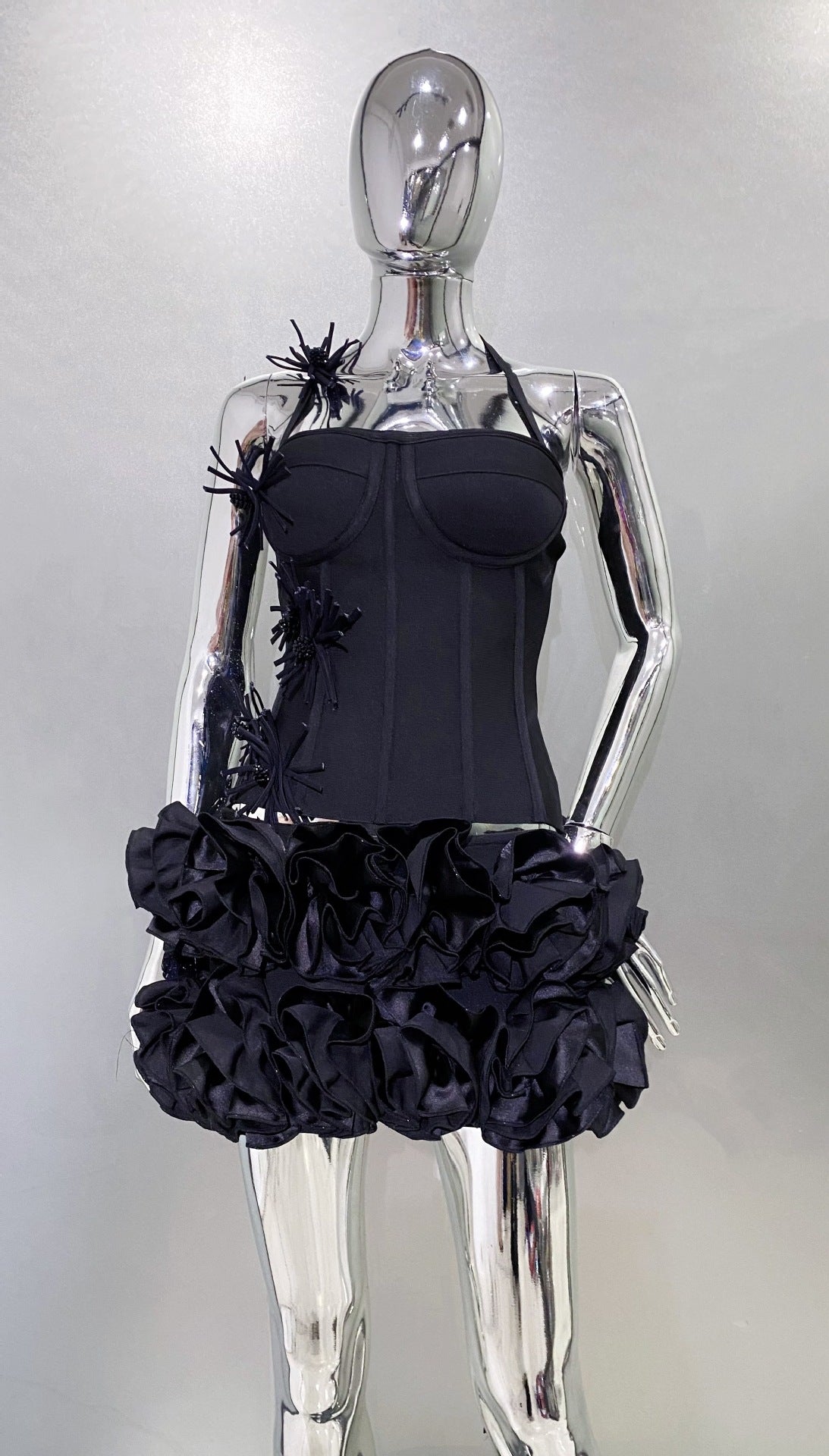 MB2110 3D Floral Ruffle Two‑Piece Bandage Set, Halter Top Mini Skirt utfit