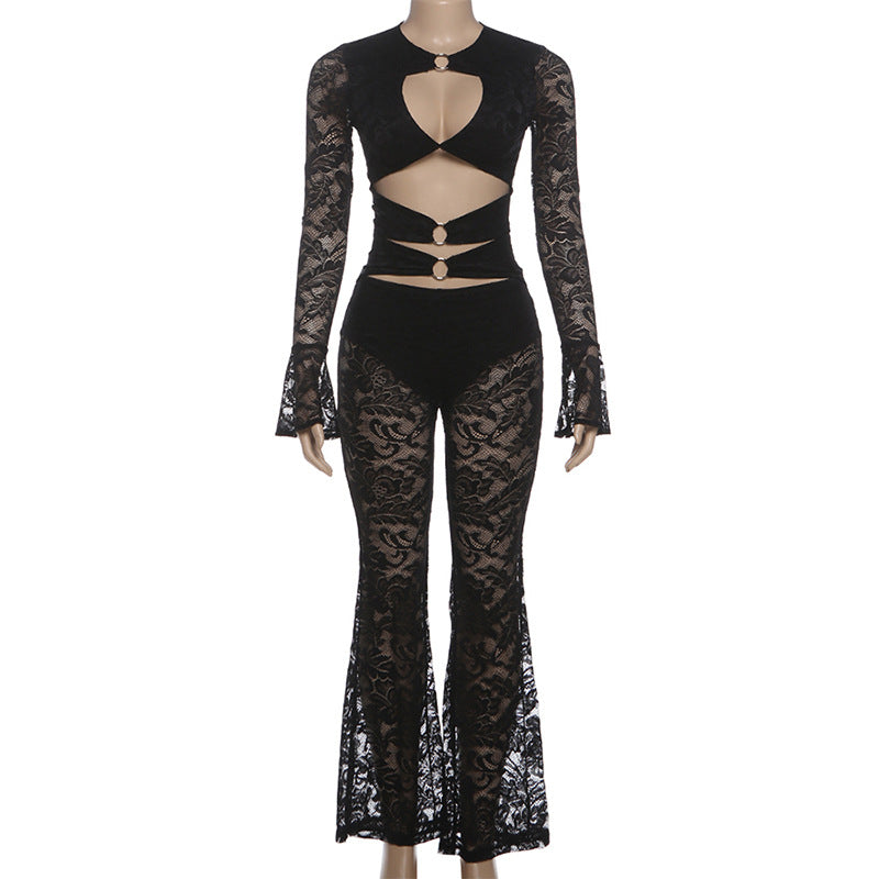 MB1823 Lace Cutout Long Sleeve Top & Flare Pants 2 Piece Set