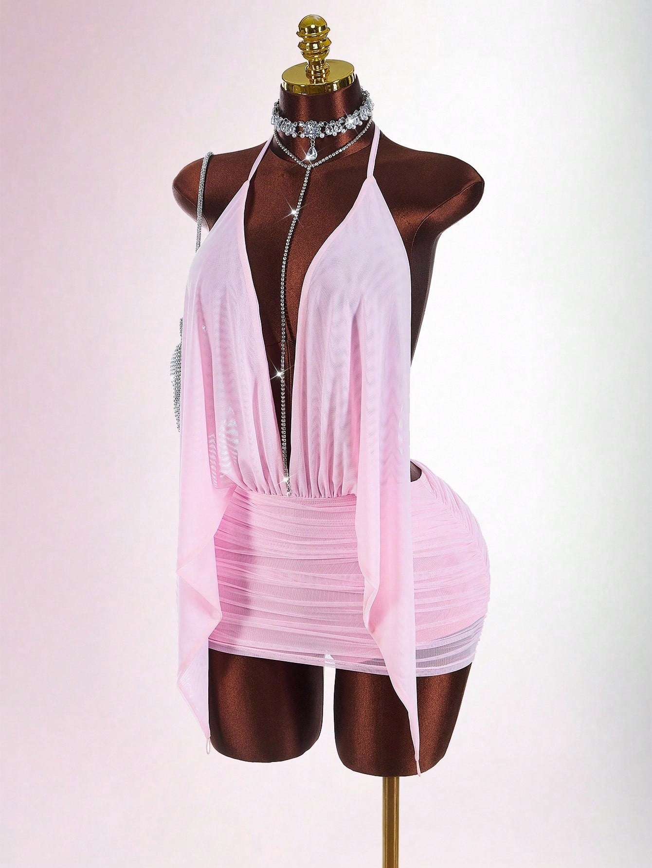  MB2005 Pink Halter Backless Ruched Mesh Mini Dress - Sexy Sheer Party Dress for Women 