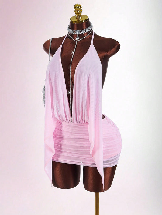  MB2005 Pink Halter Backless Ruched Mesh Mini Dress - Sexy Sheer Party Dress for Women 