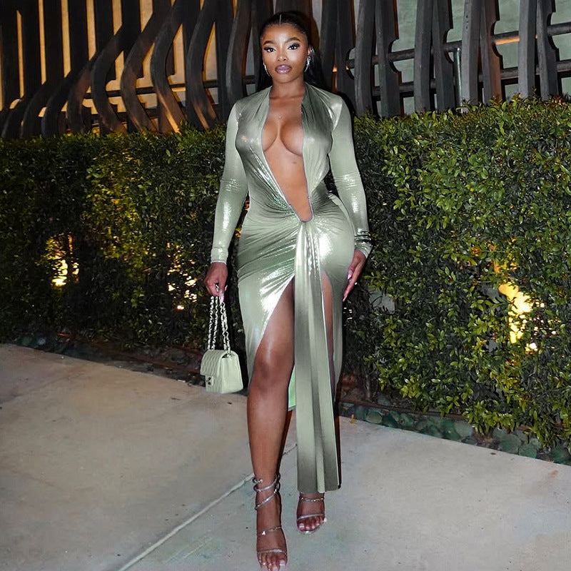 MB1045 Deep V Plunging Slit Maxi Dress